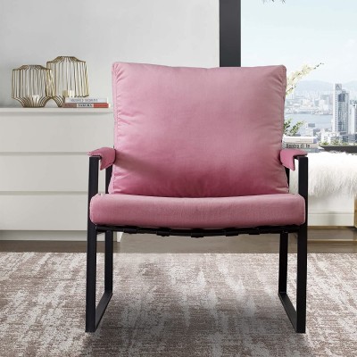 Modern Single Sofa Chair with Velvet Cushion Sofa Chaise Recliner Chair with Armrest Accent Chair with Metal Frame Lounge Office Desk Chair Living Room Bedroom Apartment Small Space Pink