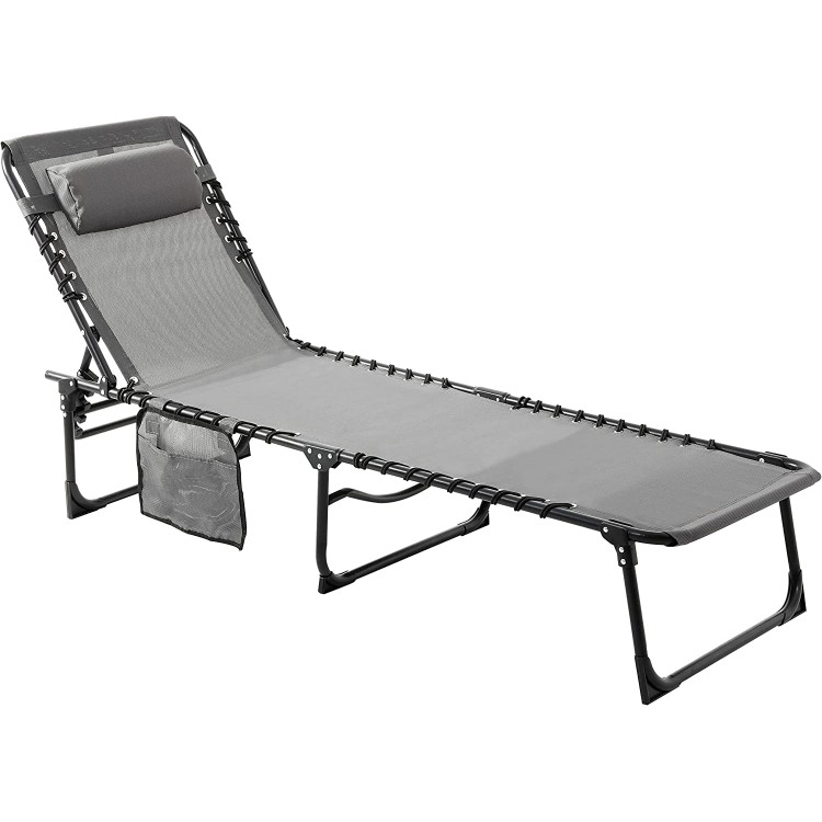 MUPATER 4-Fold Patio Chaise Lounge Chair for Outdoor with Detachable Pocket and Pillow Portable Sun Lounger Recliner for Beach Camping and Pool Grey