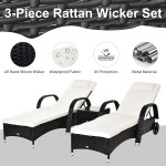 Outsunny 3 Pieces Patio Wicker Chaise Lounge Chair Set Adjustable Outdoor PE Rattan Cushioned Lounge Set of 2 with Armrests Side Table & Moving Wheels Black