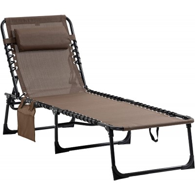 Outsunny Reclining Chaise Lounge Chair Portable Sun Lounger Folding Camping Cot with Adjustable Backrest and Removable Pillow for Patio Garden Beach Brown