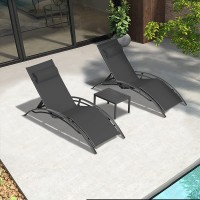 PURPLE LEAF Patio Chaise Lounge Set of 3 Outdoor Lounge Chair Beach Pool Sunbathing Lawn Lounger Recliner Chiar Outside Tanning Chairs with Arm for All Weather Side Table Included Black