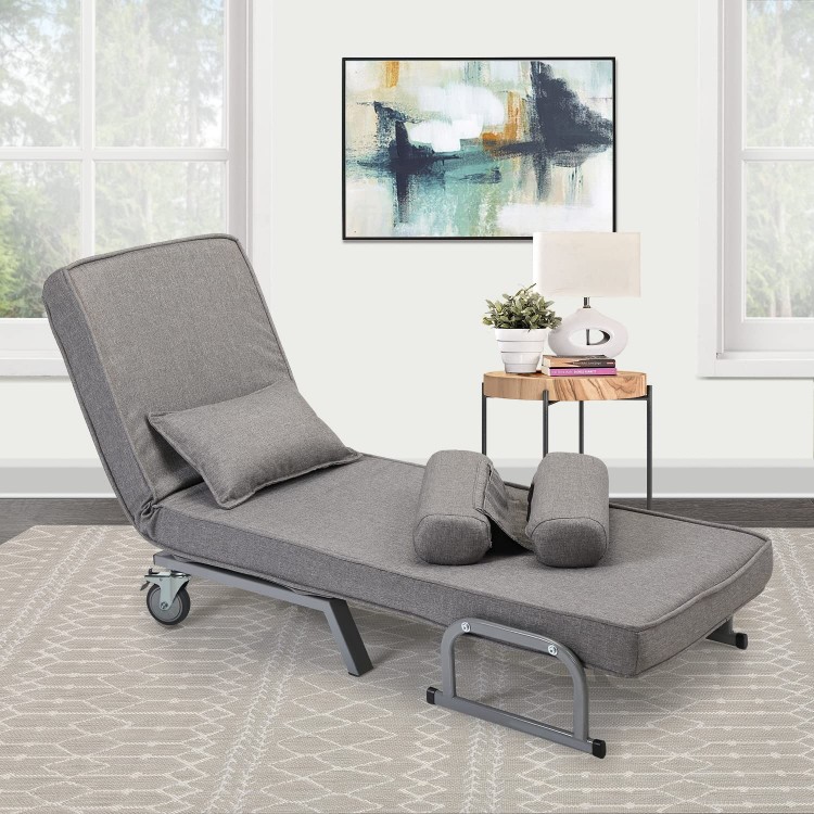TRINEAR Indoor Chaise Lounge for Bedroom and Living Room Folding Bed Chair Convertible Sofa Bed w Wheels Sleeper Sofa Chair with 6-Position Adjustable Grey