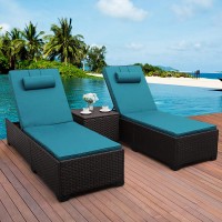 Valita Outdoor PE Wicker Chaise Lounge Set Patio Rattan Adjustable Reclining Lounge Chairs with Cushions and Matching Storage Table,Navy Blue,Peacock Blue
