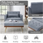 Velvet 2 in 1 Chaise Lounge Chair Indoor Sleeper Chair Bed Sofa with 3 Reclining Angles Modern Single Sofa for Living Room and Bedroom Design with Side Armrest Pockets Grey