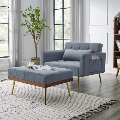 Velvet 2 in 1 Chaise Lounge Chair Indoor Sleeper Chair Bed Sofa with 3 Reclining Angles Modern Single Sofa for Living Room and Bedroom Design with Side Armrest Pockets Grey