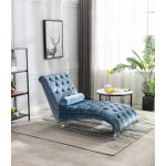 Velvet Chaise Lounge Chair with Toss Pillow Modern Tufted Button Lounge Chair with Acrylic Legs Upholstered Indoor Sleeper Chair for Living Room Bedroom Lake Blue