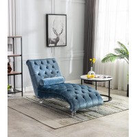 Velvet Chaise Lounge Chair with Toss Pillow Modern Tufted Button Lounge Chair with Acrylic Legs Upholstered Indoor Sleeper Chair for Living Room Bedroom Lake Blue