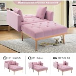 Velvet Chaise Lounge Indoor with 3 Adjustable Angles Accent Comfy 2 in 1 Single Sofa Bed Convertible Tufted Sleeper Lounge Chair with Metal Legs for Living Room Bedroom Pink
