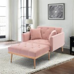 Velvet Lounge Chair for Bedroom Modern Single Sofa Bed with Two Pillows Convertible Chairs Into Beds 2 in 1 Chaise Lounge Chair Indoor for Living Room and Bedroom Pink