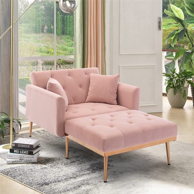 Velvet Lounge Chair for Bedroom Modern Single Sofa Bed with Two Pillows Convertible Chairs Into Beds 2 in 1 Chaise Lounge Chair Indoor for Living Room and Bedroom Pink