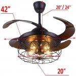 42 Inch Ceiling Fan with Light Industrial Ceiling Fan Retractable Blades Vintage Cage Chandelier Fan with Remote Control 5 Edison Bulbs Needed Not Included