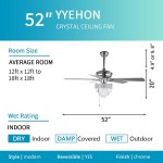 52″ Crystal Ceiling Fan with Lights and Remote Control Modern Chandelier Fan with Dual Finish Reversible Blades Quiet Indoor Fanderlier for Living Room Dining Room Bedroom. Chrome
