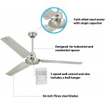 Ciata Lighting Industrial 56 Inch Three Blade Indoor Ceiling Fan with Steel Blades Brushed Nickel