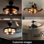 DLLT Ceiling Fan with Lights-42" Industrial Ceiling Fan with Retractable Blades Vintage Cage Ceiling Light Fixture with Remote for Kitchen Dining Room Living Room 5 E26 Bulbs Not Included Black