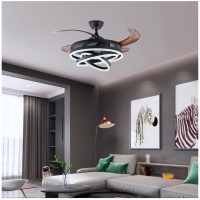 GWDZ 42 Inch Retractable Ceiling Fans Modern LED Semi Flush Fan Light 3 Colors 3 Speed Invisible Blades Silent Smart Fan Suitable for Bedroom Living Room and Dining Room Black