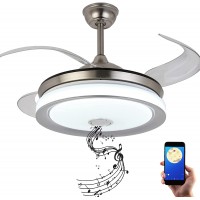 JVUJVCI Retractable Ceiling Fan with Bluetooth Speaker and Light  LED Bluetooth Ceiling Fan Chandelier Speaker with and Remote Control 7 Color Lighting 42 Inch Silver