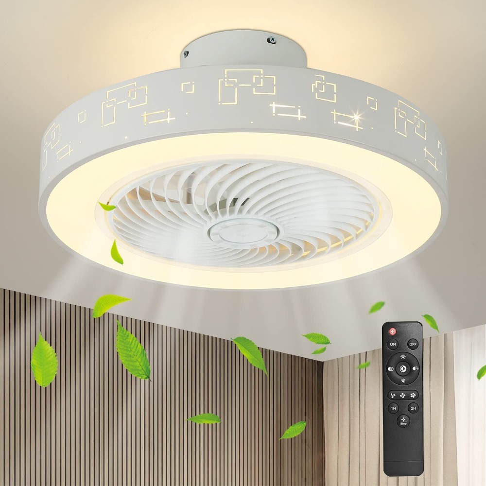 Modern Ceiling Fan with Lights and Remote,Dimmable Enclosed Ceiling Fan Low Profile Ceiling Fan light fixture,20inch Iron Ceiling Fans Timing 3 Color Lighting 3 Speeds Quiet Fan for Bedroom Kids Room