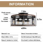 Ohniyou 20'' Flush Mount Caged Ceiling Fan with Lights Remote Control Farmhouse Rustic Low Profile Ceiling Fans with Lights Small Vintage Enclosed Ceiling Fan Lighting Fixture for Bedroom Dining Room