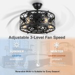 SUNVIE Caged Ceiling Fan with Lights Remote Control 21in industrial Bladeless Ceiling Fan Black Enclosed Ceiling Fan Light with Reversible Motor for Bedroom Kitchen Living Room 5 × E26 BaseNo Bulb