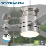 warmiplanet Flush Mount Ceiling Fan with Lights Remote Control 52-Inch Brushed Nickel3-Blades