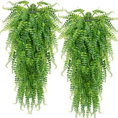 2 pcs Artificial Hanging Ferns Plants Vine Fake Ivy Boston Fern Hanging Plant Outdoor UV Resistant Plastic Plants Green
