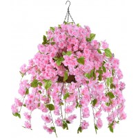 Artificial Flowers Hanging Basket with Peach Blossom Silk Vine Flowers for Outdoor Indoor Artificial Hanging Plant in Basket Ivy Basket Artificial Hanging Plant for Patio Lawn Garden Decor Pink