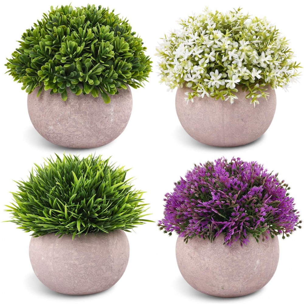 CEWOR 4 Packs Fake Potted Plants for Bathroom Home Office Decor Mini Artificial Plastic Faux Topiary Shrubs Fake Plants for Desk Decoration