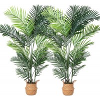 Ferrgoal Artificial Areca Palm Plants 5.2Ft Fake Dypsis Lutescens Tree with 17 Trunks in Pot and Woven Seagrass Belly Basket Perfect Faux Plant for Home Indoor Outdoor Office Modern Decor Green 2Pc