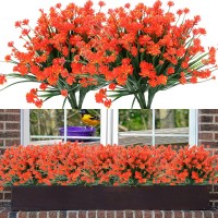 GREBOU 10 Bundles Artificial Flowers Fake Boxwood Plants Faux Plastic Lotus Shrubs UV Resistant No Fade Faux Greenery for Home Garden Hanging Planter Porch Patio Office Wedding DecorationOrange Red