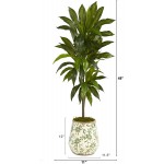 Nearly Natural 4ft. Dracaena Artificial Plant in Flower Print Planter Real Touch Green