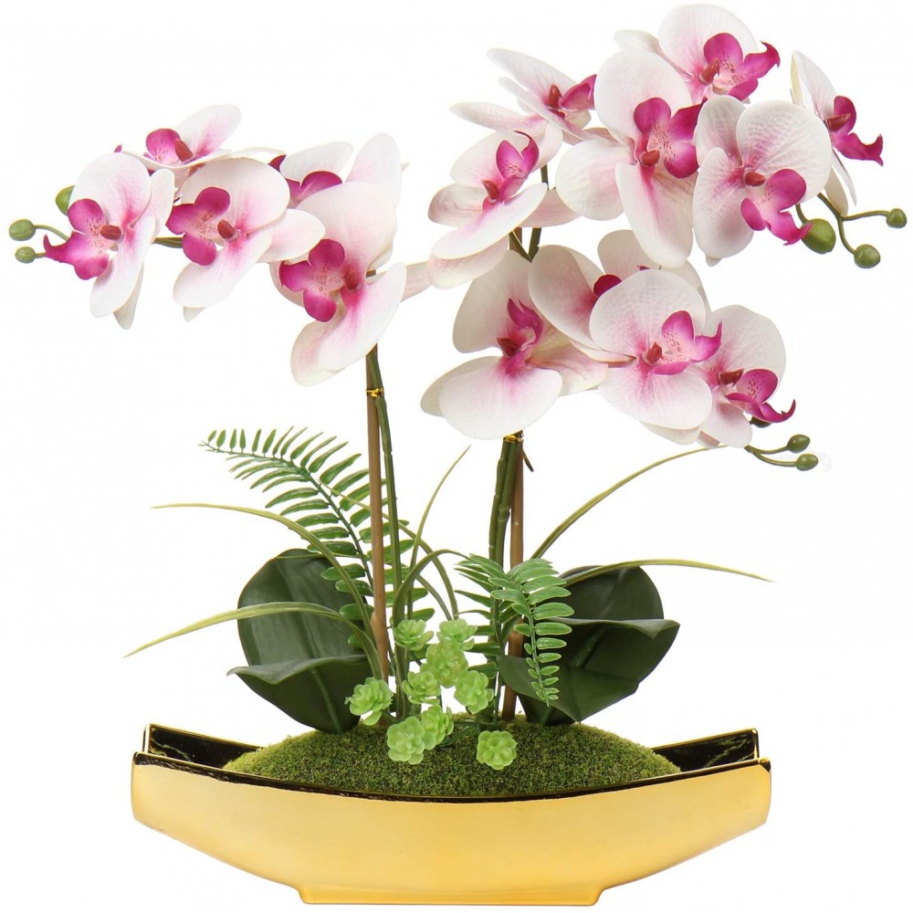 Orchids Artificial Flowers 15" White Pink Phaleanopsis Orchid with Gold Pots Real Touch Faux Orchid Plant Fake Orchid Flower Arrangement for Home Office Bathroom Living Room Party Wedding Decoration