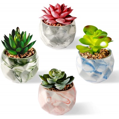 SOPHSEAG Succulents Plants Artificial Upgraded Mini Potted Fake Succulent Plants for Home Office Desk Plant Decor Assorted Small Faux Succulents in Rhombus Colored Marbled Ceramic Pots Set of 4