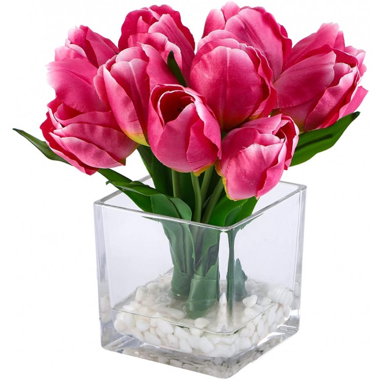 XMayGift Artificial Flowers Tulip Floral Arrangement in Vase Fake Flowers Silk Tulips Centerpiece Modern Artificial Silk Flowers for Decoration Pink