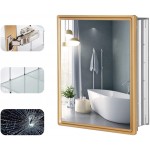 20x16 inch Bathroom Mirror Cabinet Gold Wood Framed Wall Aluminum Alloy Waterproof Medicine Cabinet Northern Europe Storage Hanging Cabinet with Single Door for Toilet Kitchen Recess or Surface Mount