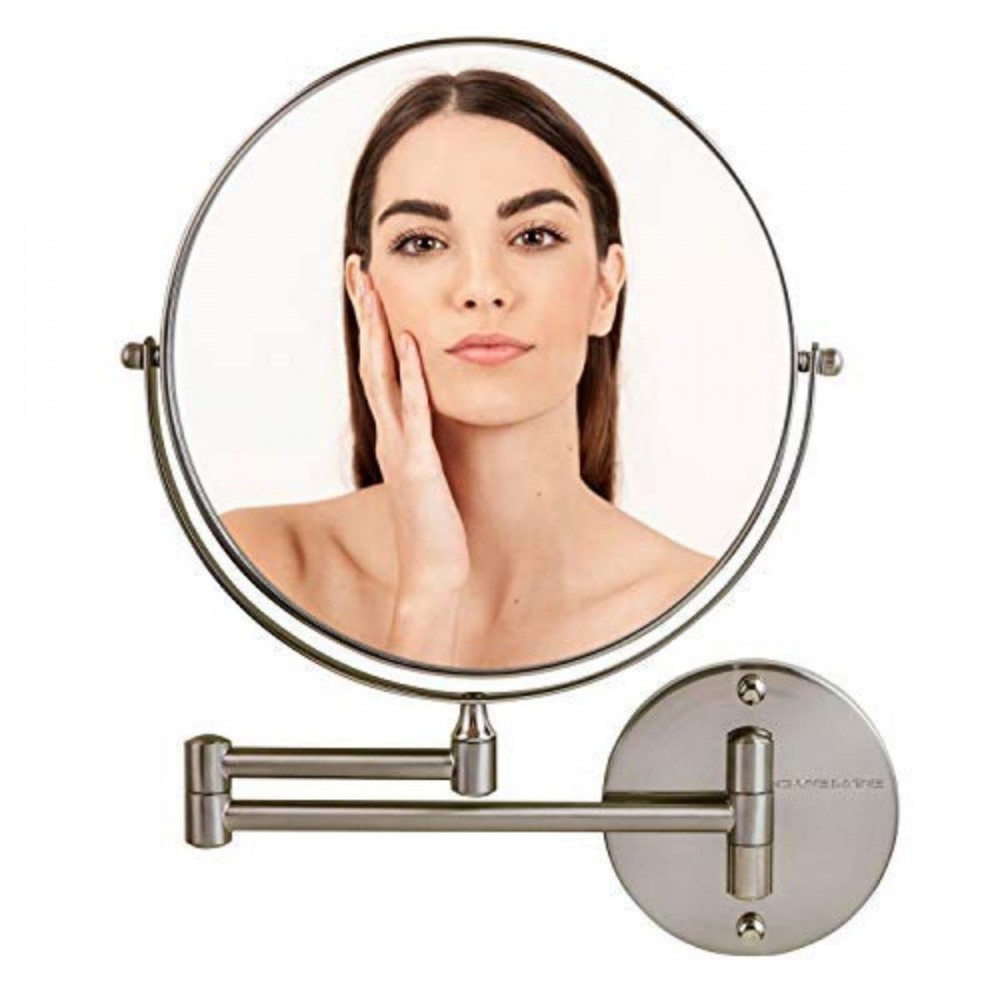 Ovente 9" Wall Mount Makeup Mirror 1X & 10X Magnifier Adjustable Spinning Double Sided Round Reflection Extend Retractable & Folding Arm Bathroom & Vanity Décor Nickel Brushed MNLFW90BR1X10X