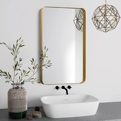 PAIHOME Gold Bathroom Mirror 22x30 Inch Stainless Steel Frame Vanity Mirror Rounded Corner Rectangle Modern Mirror Vertical Or Horizontal Hanging Mirrors for Wall Decor Bedroom Living Room