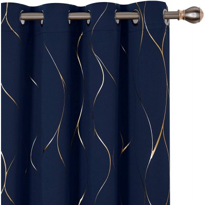 Deconovo Gold Wave Foil Print Blackout Curtains 52W x 84L Inch Navy Blue 1 Pair Grommet Light Blocking Room Darkening Curtain Noise Reducing Window Drapes for Living Room Bedroom