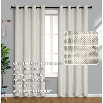 Linen Curtains & Drapes for Living Room 84 Inch Length 2 Panels Set Natural Flax Light Filtering Burlap Farmhouse Textured Neutral Country Rustic Window Semi Sheer Patio Door Curtain for Sliding Glass