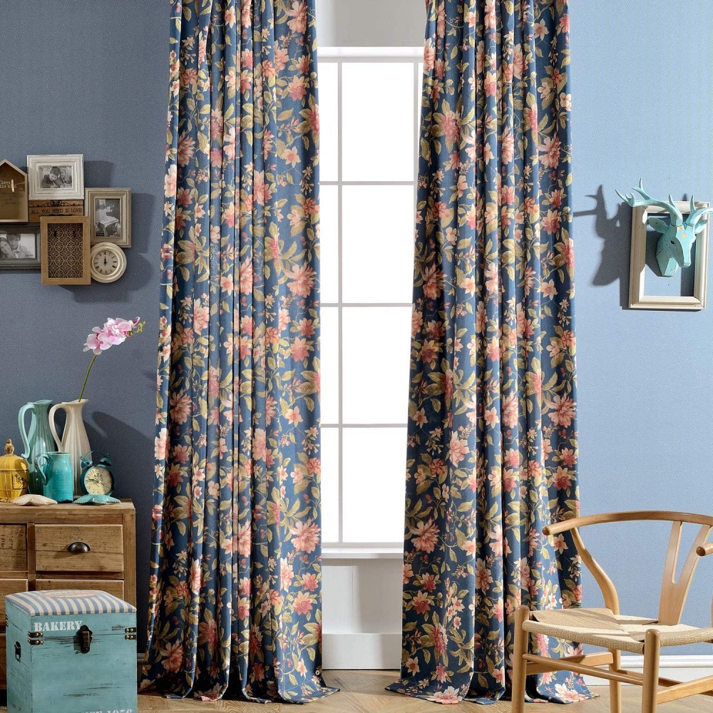 Melodieux Blooming Flower Print Vintage Style Room Darkening Grommet Curtain Drapes for Living Room Bedroom Dining Room 52 by 84 Inch Navy 2 Panels