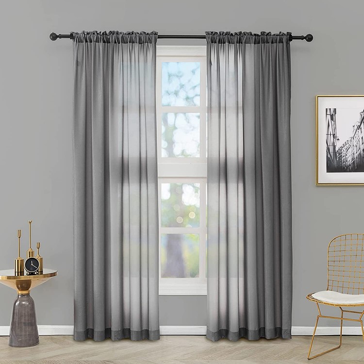 Melodieux Grey Velvety Semi Sheer Curtains 96 Inches Long for Bedroom Living Room Elegant Soft Texture Rod Pocket Voile Drapes 52 by 96 Inch 2 Panels