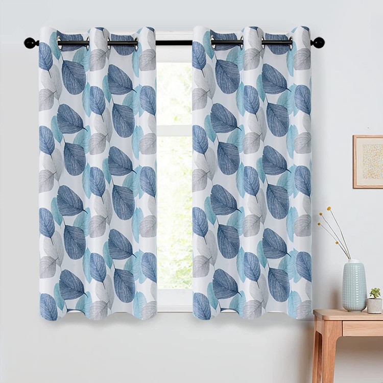 MRTREES Room Darkening Curtains 63 inch Length Blue Leaves Printed Bedroom Drapes Living Room Curtain Panels Leaf Print Thermal Insulated Multi Color Grommet Top Window Treatment Set 2 Panels