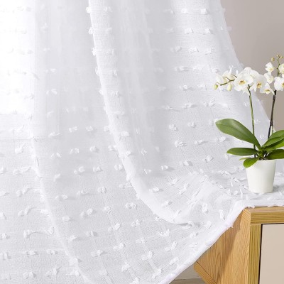 White Semi Sheer Curtains 63 Inch Length 2 Panels for Bedroom White Textured Curtains with Pom Pom Farmhouse Boho Curtains Shabby Chic Girls Kids Baby Nursery Cute Curtains Window Drapes 52" Wx63 L