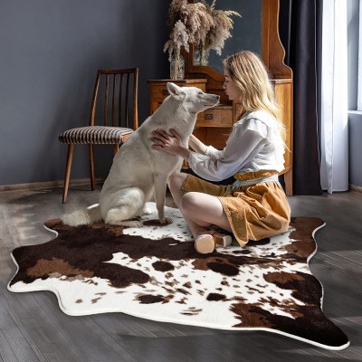 Acapet Cow Print Area Rugs Cowhide Rugs 4.6ft x5.2ft for Living Room Bedroom Western Decor Cute Fluffy Cowhide Carpet Faux Fur Rug Soft Fuzzy Rug for Home Brown and White,140*158cm