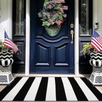 EARTHALL Black and White Striped Rug 27.5 x 43 Inches Cotton Hand-Woven Reversible Foldable Washable Black and White Outdoor Rug Stripe for Layered Door Mats Porch Front Door Black Rug