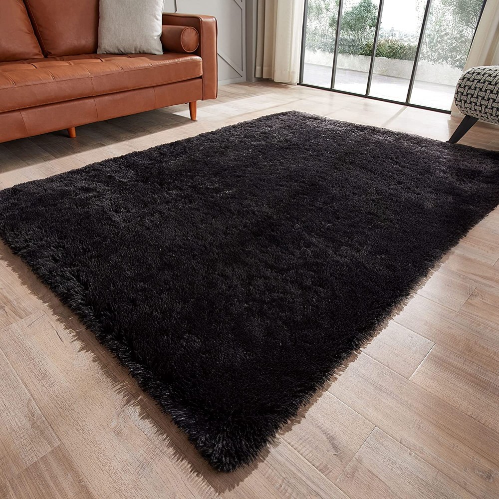 GKLUCKIN Shag Ultra Soft Area Rug Fluffy 8'x10' Solid Black Rugs Plush Fuzzy Non-Skid Indoor Faux Fur Rugs Furry Carpets for Living Room Bedroom Nursery Kids Playroom Decor