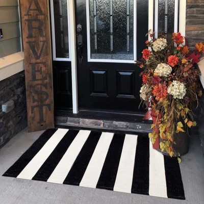 KaHouen Cotton Black and White Striped Rug  27.5 x 43 Inches  Washable Hand-Woven Stripe Outdoor Front Door Mat for Layered Door Mats Porch Kitchen Bathroom Laundry Room.