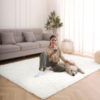 Wellber Modern Soft Cream White Shaggy Rugs Fluffy Home Decorative Carpets 5x8 Feet Rectangle Durable Plush Fuzzy Area Rugs for Living Room Bedroom Dorm Kids Room Nursery Indoor Floor Accent Rugs