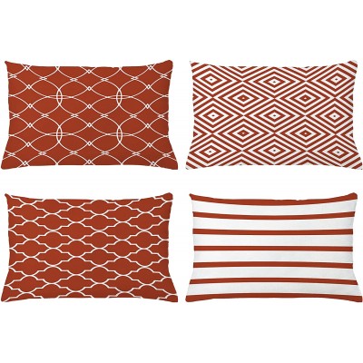 Ambesonne Modern Throw Pillow Cushion Case Pack of 4 Minimalist Quatrefoil Nested Squares Stripes Oriental Circle Mesh Pattern Modern Accent Double-Sided Printing 20" x 12" Paprika and White