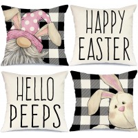 Buffalo Plaid Easter Pillow Covers 18x18 Set of 4 Easter Decorations for Home Bunny Gnomes Pillows Easter Decorative Throw Pillows Spring Easter Farmhouse Decor A553-18