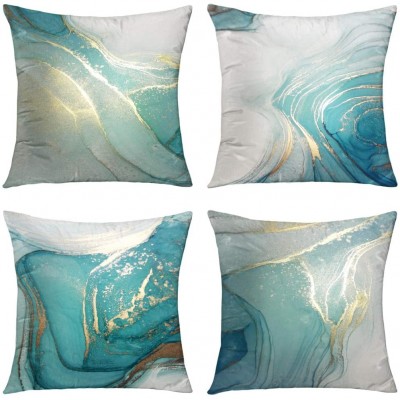 GALMAXS7 Marble Texture Turquoise and Gold Silver Decorative Throw Pillow Covers Luxury Abstract Fluid Art Ink Soft Velvet Pillow Case Square Cushion Covers for Couch Sofa 18 x 18 Inch Set of 4